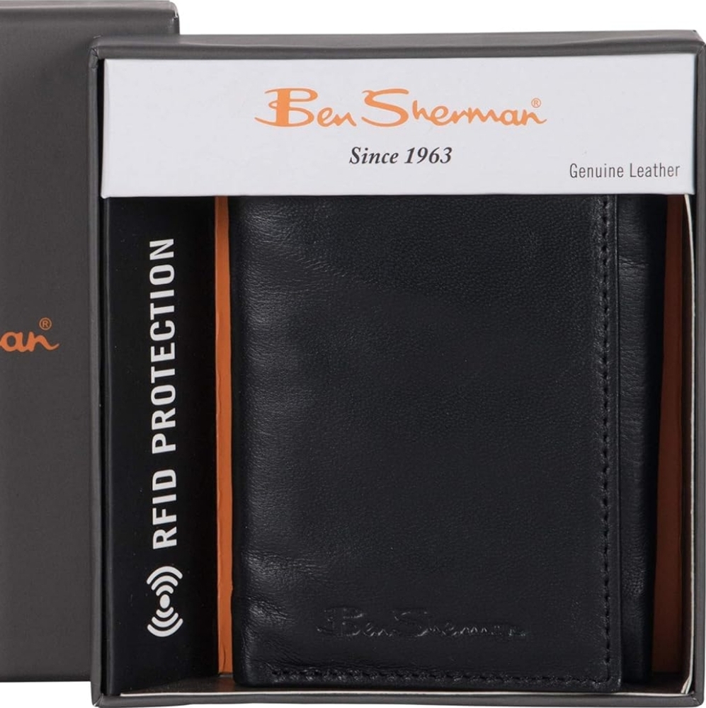 Ben Sherman Men's Manchester Slim Bifold Full-Grain Leather RFID Black Wallet